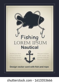 Fishing nautical card old paper template vector with fish and rope
