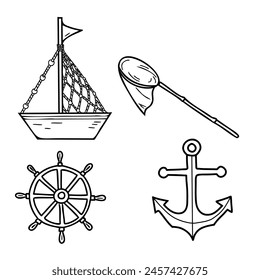 Fishing nautical set. Cute ship, boat, anchor, steering wheel, fishing net illustration in doodle style isolated on white background.