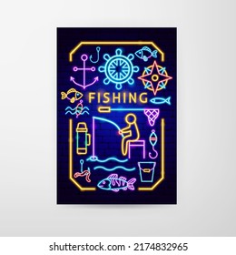 Fishing Neon Flyer. Vector Illustration of Fish Promotion.