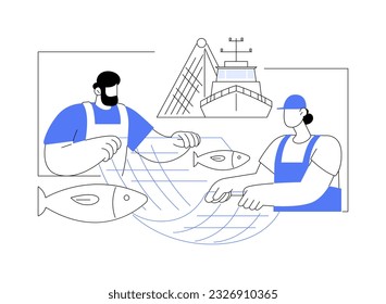 Fishing with net abstract concept vector illustration. Group of people using net for fishing, commercial water transportation, sea transport industry, recreation activity abstract metaphor.