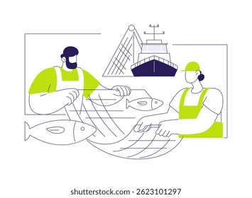Fishing with net abstract concept vector illustration. Group of people using net for fishing, commercial water transportation, sea transport industry, recreation activity abstract metaphor.