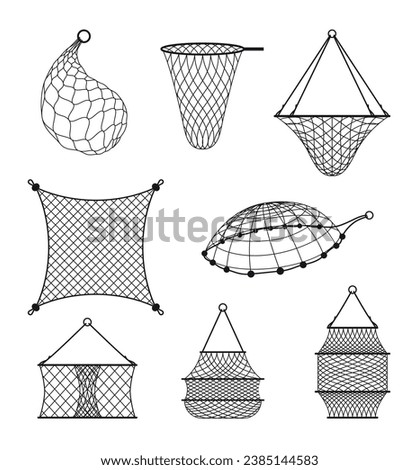 Fishing net black different shape for fish hunting catch hobby set isometric vector illustration. Trap with rope for capture hanging fisherman equipment vintage accessory fishery tool isolated Foto stock © 