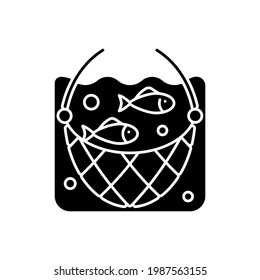 Fishing net black glyph icon. Commercial fishing gear. Harvesting of marine food. Fishing Gear. Fish habitat. Industry. Silhouette symbol on white space. Vector isolated illustration