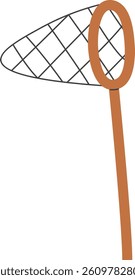 A fishing net with a brown handle is depicted in a flat, line art style.  The simple capture tool is shown at an angle, ready for use. Cartoon vector illustration