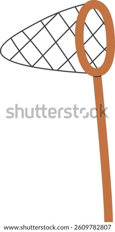 A fishing net with a brown handle is depicted in a flat, line art style.  The simple capture tool is shown at an angle, ready for use. Cartoon vector illustration
