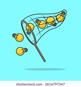 Fishing Net Catching Light Bulb Cartoon Vector Icon Illustration. Technology Business Icon Concept Isolated Premium Vector. Flat Cartoon Style