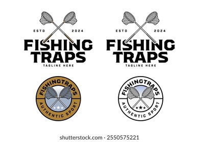 fishing net crossed badge logo design. fishing trap crossed vector element design. fishing toil crossed line art icon illustration logo for fishing sport, fishery, fisherman