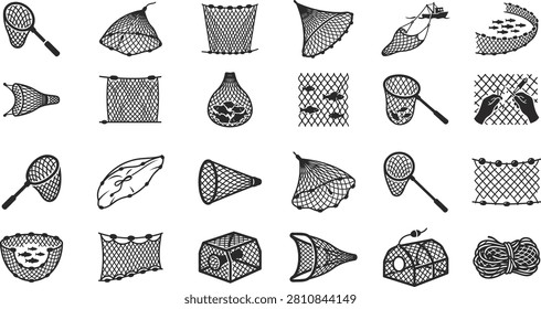 Fishing net and fish trap silhouette icons set