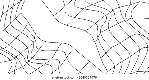 Fishing net with floats, curved by a wave. Graphic line art hand drawn on the theme of sea and fishing in black and white ink. Separate element isolated from the background EPS vector eps 10