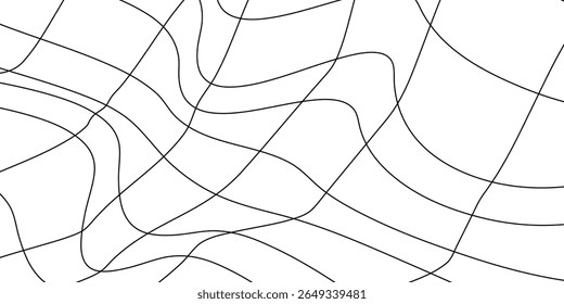 Fishing net with floats, curved by a wave. Graphic line art hand drawn on the theme of sea and fishing in black and white ink. Separate element isolated from the background EPS vector eps 10