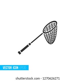 Fishing net with a handle icon in flat style, silhouette isolated on white background. Vector illustration.