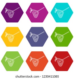 Fishing net icons 9 set coloful isolated on white for web