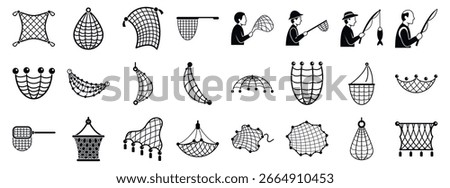  Fishing net icons set. Different types of fishing nets, including handheld nets, fishing rods with nets, and various net shapes, are depicted in black silhouette