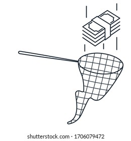 Fischnetz und Geld. Lineares Vektorillustration-Symbol einzeln auf weißem Hintergrund.