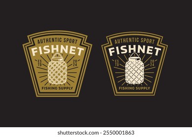 Red de pesca, trampa de pesca, herramienta de cesta de pesca Conjunto de diseño de logotipo de insignia retro Trampa con cuerda para capturar colección de logotipo de emblema vintage de pescador colgante para pescador, aparejos de pesca, deporte, competencia