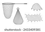 Fishing net and trap, trawl, fish tank and seine, vector fishery and fishing sport equipment. Fisherman rope mesh fishnet and sea water fish traps, hand scoop net and marine ship seine