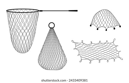 Fishing net and trap, trawl, fish tank and seine, vector fishery and fishing sport equipment. Fisherman rope mesh fishnet and sea water fish traps, hand scoop net and marine ship seine