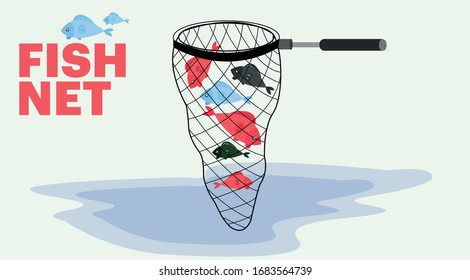 Fishing net vector with catching fish flat design 