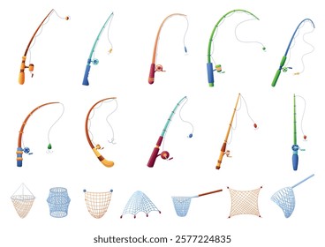 Fishing nets. Fish catching equipment for commercial and personal fishing. Fisherman tools for angling in lake ponds river, nowaday vector set