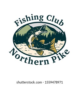 fishing northern pike , northern pike jump on water badge logo symbol sign in vintage retro style