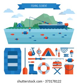 Fishing object set and header. Fishing on the boat, flat style.