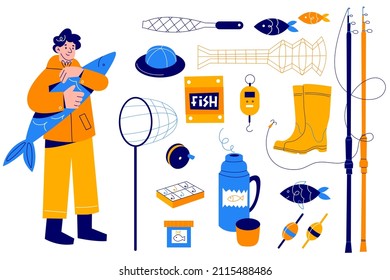 Fishing objects. Fisher with different accessories, outdoor hobbies, man with equipment and big catch, floats, thermos and hooks. Nets rods and rubber boots, vector isolated set