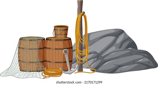 Objetos de pesca conjuntos de ilustraciones aisladas