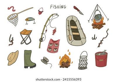 Fishing objects vector doodle illustrations set.