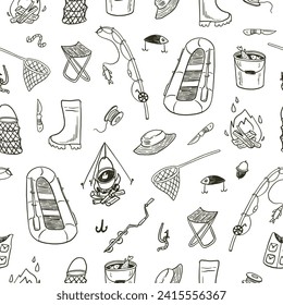 Fishing objects vector seamless pattern.