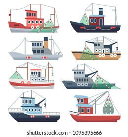 Fishing ocean boats. Commercial trawlers, fisherman ships sea and river vessels isolated vector set. Illustration of catch fish, nautical transport industry