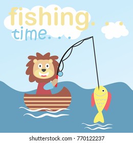 fishing in the ocean with little boat vector cartoon