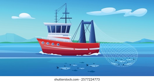 Fishing in ocean. Ship with full net of fish in sea. Commercial catching, industry boat or vessel in water. Underwater world, nature nowaday vector landscape