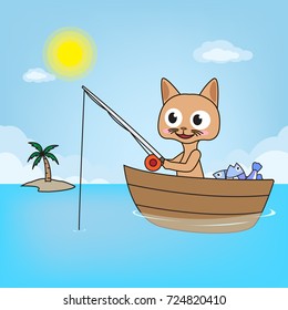 fishing in the ocean with wooden boat vector cartoon