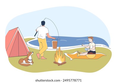 Fishing on beach. Man with fishing rod near bucket of fish and boy near tent. Father and son spend time together in nature. Parent teaches child to fishing. Linear vector illustration