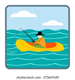 Fishing on the boat. Cute flat vector illustration.