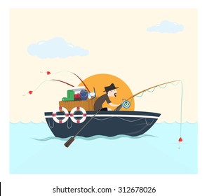 Fishing on the boat, vector illustration.