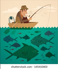 Fishing on the boat. Vector retro styled illustration.