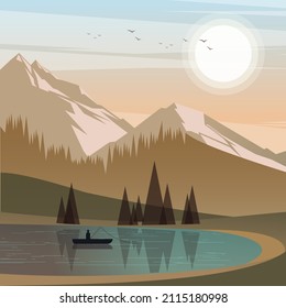 Fishing on a calm mountain lake. Highland, sun and coniferous forest reflection in the water. Background vector illustration for landing page mockup or flat design advertising banner.