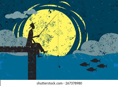 Fishing on a dock in moonlight,
A man fishing on the end of a dock in the moonlight. The man, dock and fish are on a separate layer from the background.