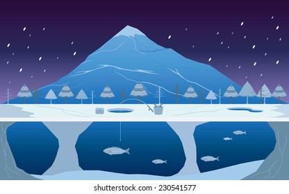 Fishing on Ice in Winter Landscape