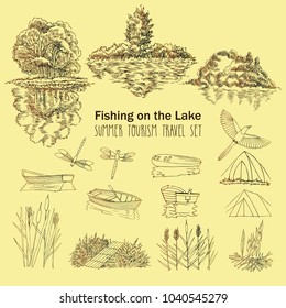 Fishing on the lake background with boat, trees, tent and  bridge. Camping, summer vacation outdoor, adventure travel. Hand drawn vector illustration 