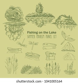 Fishing on the lake background with boat, trees, tent and  bridge. Camping, summer vacation outdoor, adventure travel. Hand drawn vector illustration 