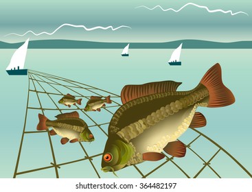 Fishing on the river background. Vector illustration