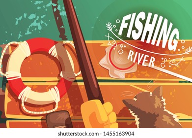 Fishing On The River With Cat View From Above Illustration