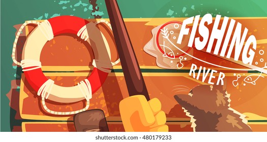 Fishing On The River With Cat View From Above Illustration