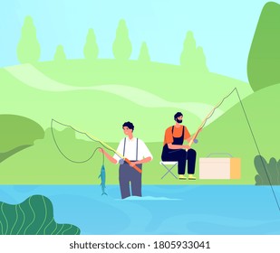 Fishing on river. Fisherman catches fishes, man with rod in lake. Friends recreation, male outdoor leisure. People relax vector illustration