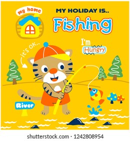 fishing on the river funny animal cartoon,vector illustration