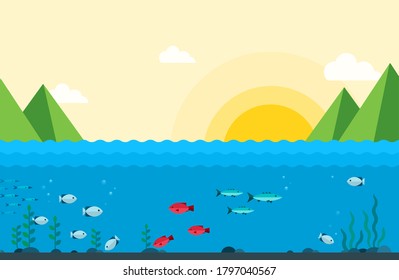 Pesca en el río al amanecer. Ilustraciones vectoriales planas. Paisaje natural de colores amarillos y azules.