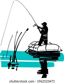 fishing on the rubber boat on the river