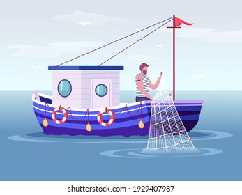 Fishing on the sea. Fisherman pulls net out of water. Fishing boat catches fish. Colourful vector illustration. Cartoon style.